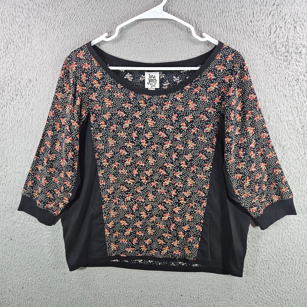 Ivy Jane Women Black Floral Mixed Media Dolman Sleeve Top Small Ditsy Print